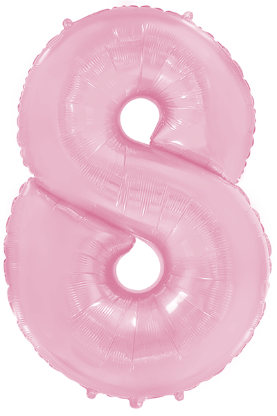 Inflated balloon to 32", 40" if uninflated. The color is Pastel Pink. Number "8" Foil Balloon Manufactured by Flexmetal in Spain.