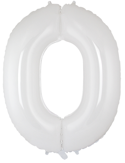 Inflated balloon to 32", 40" if uninflated. The color is White. Number "0" Foil Balloon Manufactured by Flexmetal in Spain.