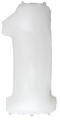 Inflated balloon to 32", 40" if uninflated. The color is White. Number "1" Foil Balloon Manufactured by Flexmetal in Spain.