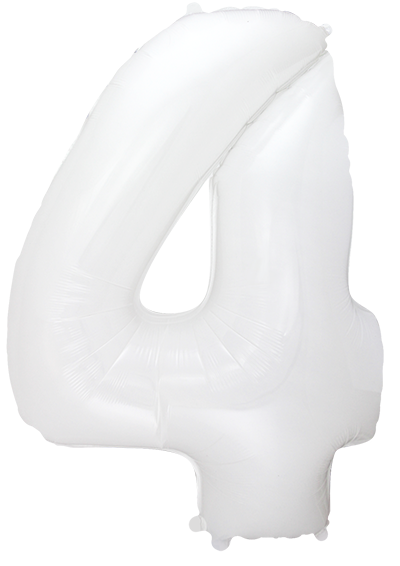 Inflated balloon to 32", 40" if uninflated. The color is White. Number "4" Foil Balloon Manufactured by Flexmetal in Spain.