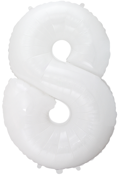 Inflated balloon to 32", 40" if uninflated. The color is White. Number "8" Foil Balloon Manufactured by Flexmetal in Spain.