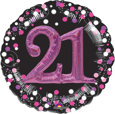 32″ Sparkling Celebration Pink 21 Multi Balloon Foil Balloon featuring a large pink number 21 against a black background with pink and white confetti dots.