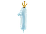 Globo de lámina azul claro Crown Number 1 de 34″ con forma de número uno, rematado con una pequeña corona dorada.