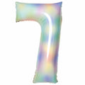 Amscan 34″ Number 7 Pastel Rainbow Foil Balloon in the shape of the number seven with a pastel rainbow tie-dye pattern.
