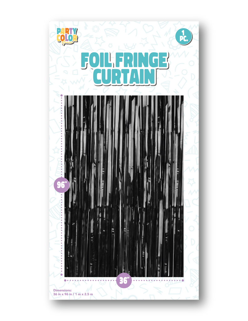 Measuring 36" X 96" Foil Fringe Tinsel Curtain Backdrop Made By Party Color for Gemar in the Color  Black  Matte