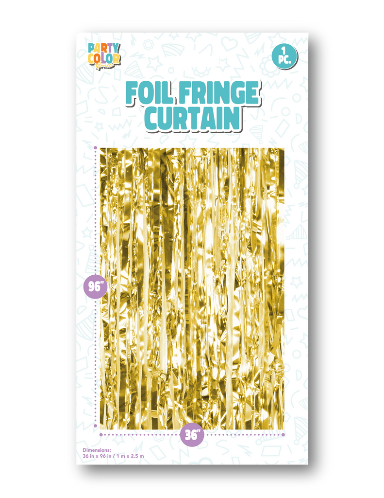 Measuring 36" X 96" Foil Fringe Tinsel Curtain Backdrop Made By Party Color for Gemar in the Color  Gold Gloss