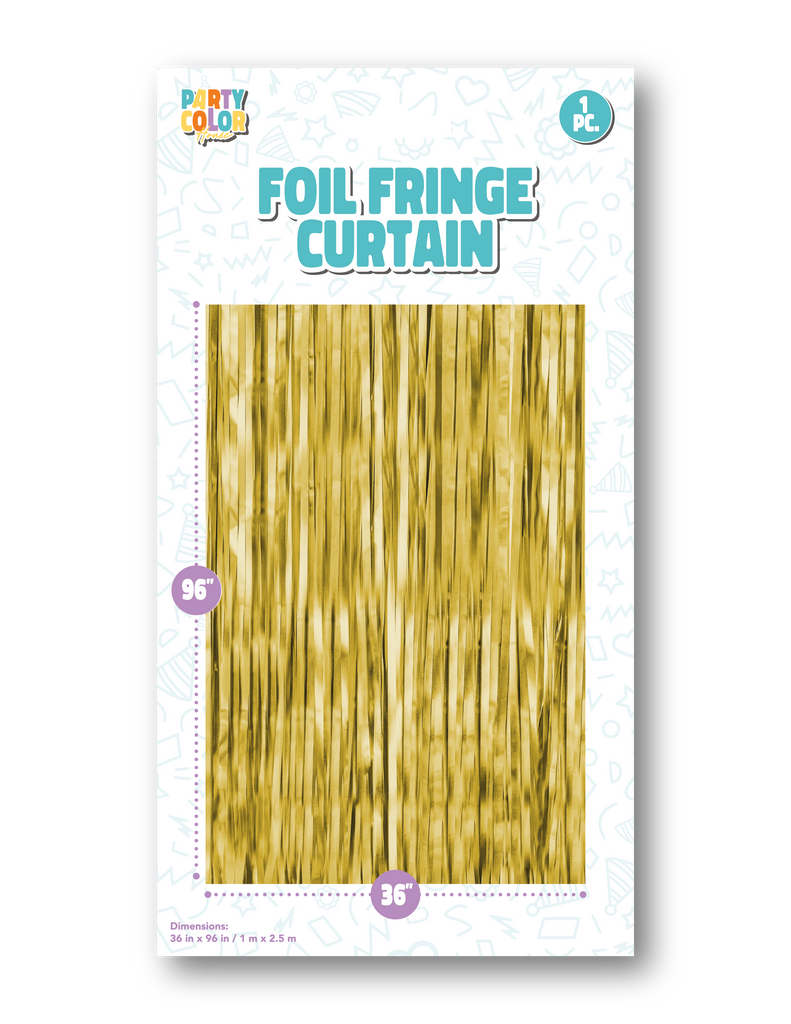 Measuring 36" X 96" Foil Fringe Tinsel Curtain Backdrop Made By Party Color for Gemar in the Color  Gold Matte