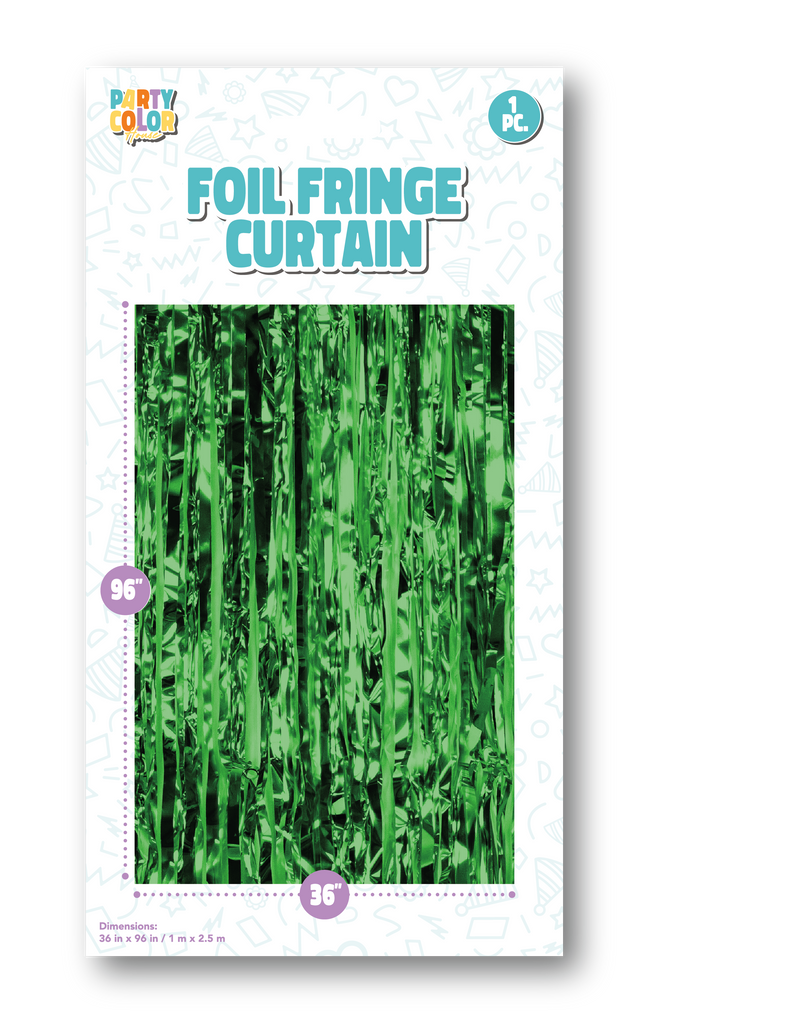 Measuring 36" X 96" Foil Fringe Tinsel Curtain Backdrop Made By Party Color for Gemar in the Color  Green Gloss