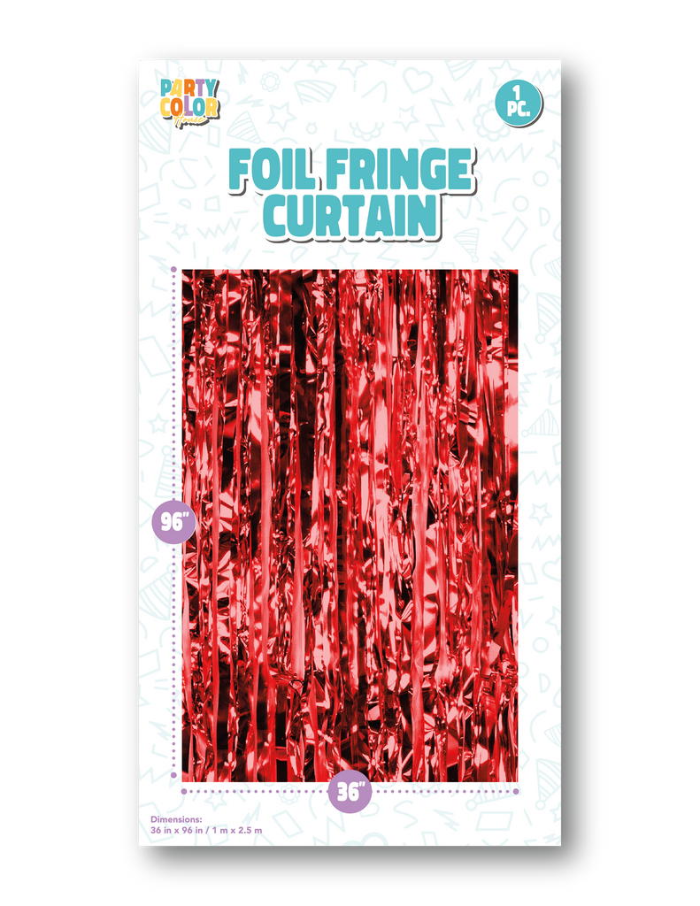 Measuring 36" X 96" Foil Fringe Tinsel Curtain Backdrop Made By Party Color for Gemar in the Color  Red Gloss