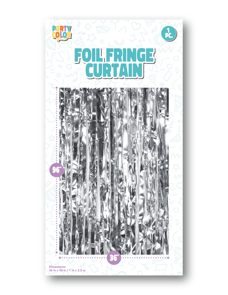 Measuring 36" X 96" Foil Fringe Tinsel Curtain Backdrop Made By Party Color for Gemar in the Color  Silver Gloss