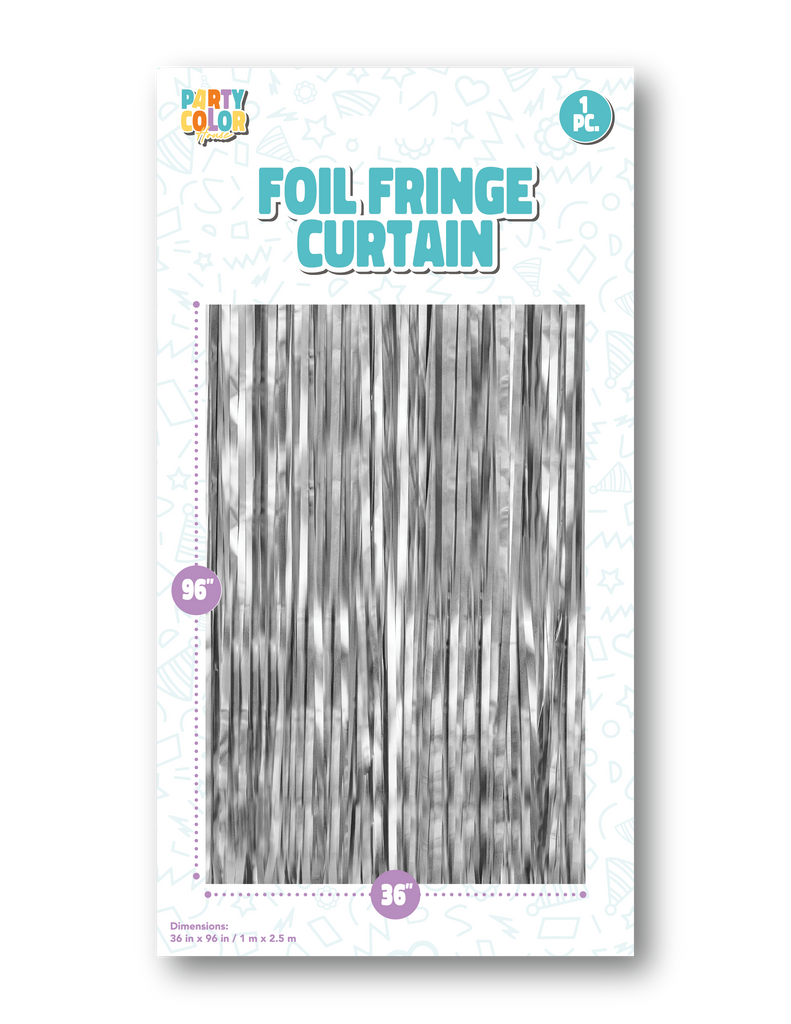 Measuring 36" X 96" Foil Fringe Tinsel Curtain Backdrop Made By Party Color for Gemar in the Color  Silver Matte 