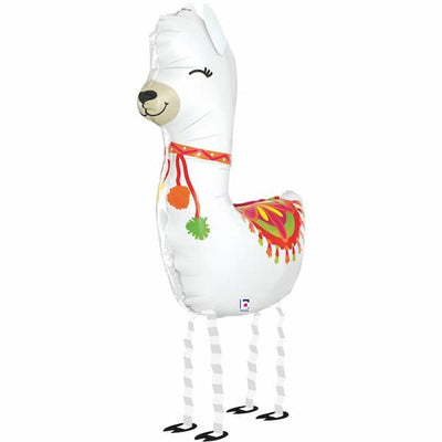 41″ Llama Foil Balloon shaped like a white llama with colorful saddle decor and dangling striped legs.