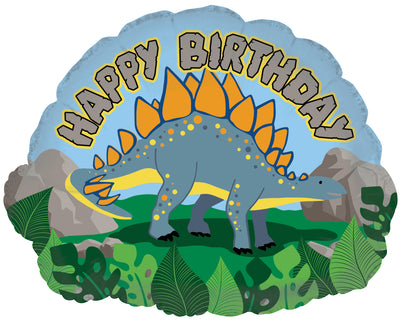 A vibrant scene featuring a stegosaurus among plants and rocks with the CTI 18
