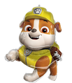 The 32" Jumbo Paw Patrol - Rubble Foil Balloon by Anagram/MD features Rubble, the brown and white bulldog puppy from PAW Patrol, wearing a yellow construction hat and vest with a raised paw, perfect for fans.