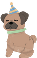 El globo Airwalker Pawsome Party de 42" de Anagram/MD muestra a un carlino marrón con los ojos cerrados, que lleva un sombrero de fiesta a rayas azules y amarillas y un collar verde claro, sentado felizmente.