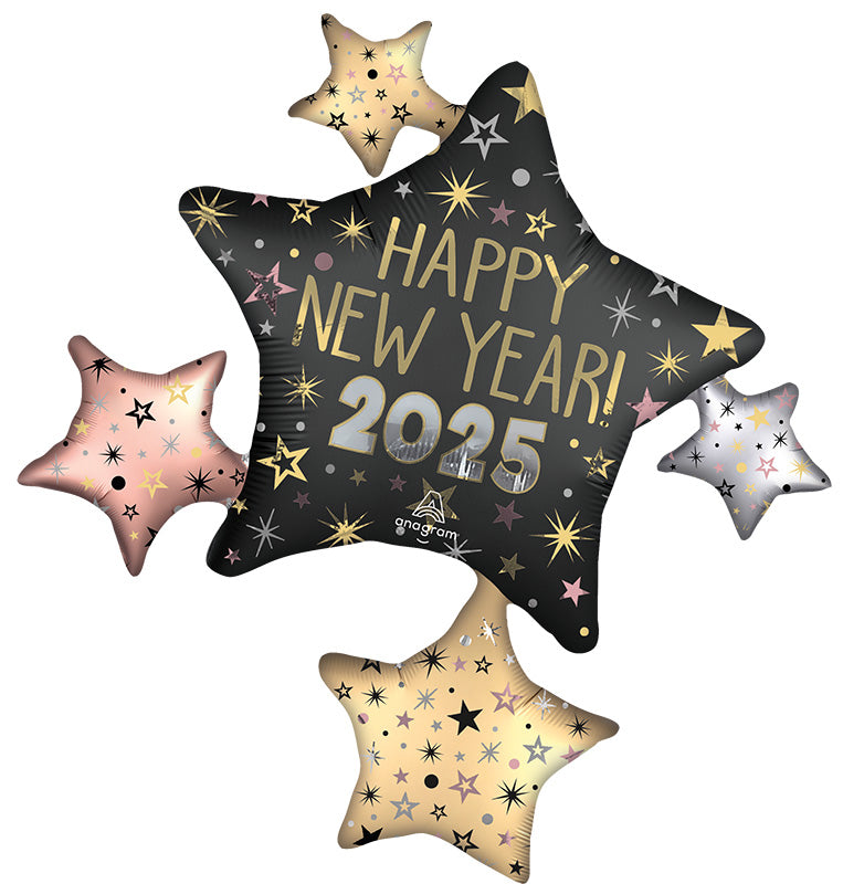 Uninflated Foil Balloons Made By Anagram Balloons with Product Code 46840 Satin 2025 NYE Celebration Stars Front