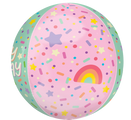 The 16" Jumbo Orbz Ice Cream Party Birthday Foil Balloon by Anagram/MD features a pastel pink background with colorful sprinkles, stars, a purple star, a rainbow, and a green-blue border.