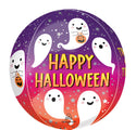 El globo Orbz Trick or Treat Halloween de 16" de Anagram/MD presenta alegres fantasmas blancos que sostienen calabazas con "Feliz Halloween" en letras amarillas sobre un fondo estrellado en degradado morado y naranja.