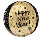 Le ballon en feuille Anagram/MD 16" Orbz Natural Sparkle Happy New Year comprend des étoiles dorées, noires et blanches, des confettis, une illustration de bouteille de champagne et le texte "Happy New Year !.