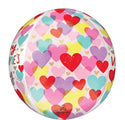 El globo de papel de aluminio Anagram/MD 16" Orbz Happy Valentine's Day Hearts on Hearts presenta corazones rojos, rosas, morados, amarillos y azules superpuestos sobre un fondo blanco para un aspecto vibrante y festivo.