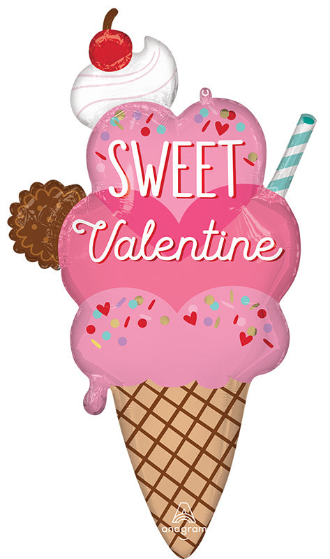 Uninflated 38 Inches SuperShape Valentine Sweet on You Ice Cream Cone Foil Balloon Manufacturered By Anagram/MD