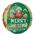 Le ballon Orbz Beary Christmas 16" d'Anagram/MD est un ballon rond vert décoré d'ornements, de flocons de neige et de branches, et portant l'inscription "Joyeux Noël" en lettres festives et colorées.