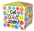 Le ballon UltraShape Cubez Get Well Soon ! d'Anagram/MD représente des visages souriants et multicolores et "Get Well Soon !" en grosses lettres sur un fond blanc avec un dessus rayé.