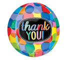 The 16" Orbz Clear Bubbly Thank You Foil Balloon by Anagram/MD features vibrant overlapping spots and "thank YOU!" in bold, playful letters on a central black oval.