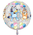 The 16" Orbz Clear Bluey and Bingo Foil Balloon by Anagram/MD features Bluey and Bingo with colorful dots and pastel balloons on a white background.
