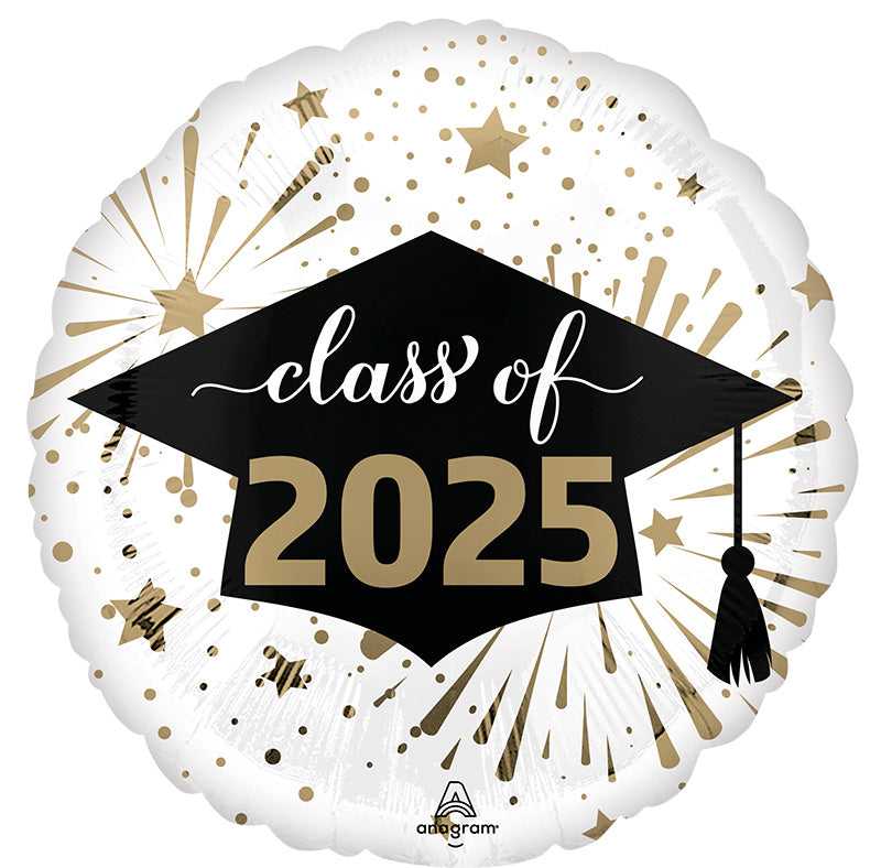 18 Inch Class of 2025 White & Gold Made by Anagram Uninflated Foil/Mylar Balloon Manufactured by Anagram Balloons International.