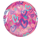 El Globo Orbz de 16" Happy Mother's Day Layered Hearts de Anagram/MD presenta corazones de colores en rosa, morado, verde azulado y rojo superpuestos sobre un fondo rosa con el texto "Happy Mother's" visible a los lados.
