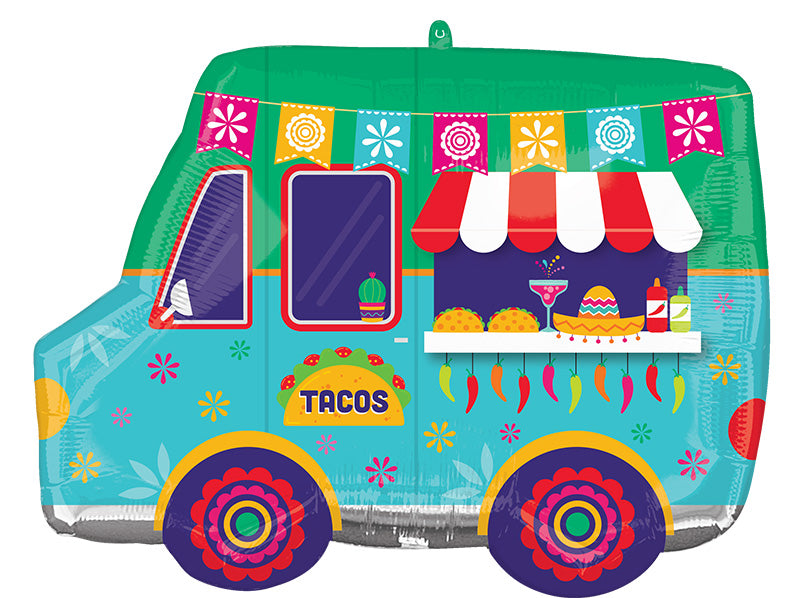 26 Inch Fiesta Time Taco Truck SuperShape Made by Anagram Uninflated Foil/Mylar Balloon Manufactured by Anagram Balloons International.