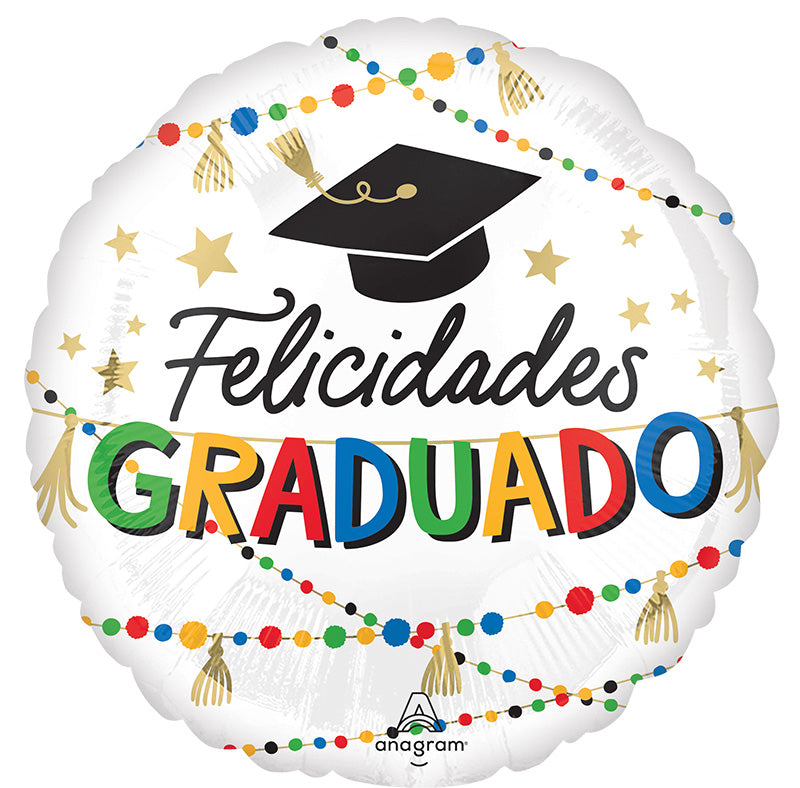 18 Inch Grad Party Felicidades Graduado Made by Anagram Uninflated Foil/Mylar Balloon Manufactured by Anagram Balloons International.