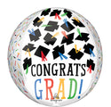 The 16" Hats Off Congrats Grad Orbz Foil Balloon by Anagram/MD features a round design with black graduation caps, colorful tassels and confetti, plus "CONGRATS GRAD!" in bold multicolored letters.