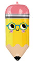 El globo Write On Pencil SuperShape Foil de 31" de Anagram/MD es un globo amarillo con forma de lápiz, goma de borrar rosa, una simpática cara sonriente, gafas redondas azules y mejillas sonrosadas.
