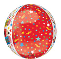 Le ballon Write On Back to School Orbz Foil Balloon de 16 pouces d'Anagram/MD présente un fond rouge avec des confettis multicolores, des étoiles, des lignes ondulées et des panneaux amusants de style bande dessinée.