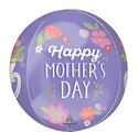 The Anagram CD 16" Happy Mother's Day World's Best Mom Orbz Foil Balloon is a round balloon featuring colorful flower designs and “Happy Mother’s Day” in white lettering.