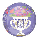 The 16" Happy Mother's Day World's Best Mom Orbz Foil Balloon by Anagram CD is round and purple, featuring a trophy-shaped vase with colorful flowers and “World's Best Mom” written in blue and gold letters.