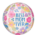 Le ballon de la Fête des Mères 16" Botanical Lines Orbz Foil Balloon by Anagram/MD représente des fleurs colorées et "BEST MOM EVER" en lettres bleues sur un fond blanc.
