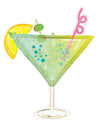 The 36" SuperShape Cocktail Surprise Foil Balloon by Anagram/MD features a martini glass filled with a green drink, topped with a lemon slice, olive on a toothpick, pink curly straw, and decorated with bubbles and star shapes.