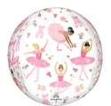 El Globo Anagrama/MD 16" Orbz Ballerina Girl Birthday tiene cinco bailarinas con tutús rosas, zapatillas de ballet, flores, corazones dorados y "Happy Birthday" en letra rosa.