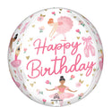 El Globo Orbz Ballerina Girl Birthday de Anagram/MD tiene un mensaje de Feliz Cumpleaños en rosa con bailarinas en tutú rosa, zapatillas de ballet y flores.