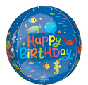 El Globo Orbz Cute Octopus Birthday de Anagram/MD tiene un diseño redondo con un tema submarino azul, coloridas criaturas marinas como peces, tortugas, cangrejos y "Feliz Cumpleaños" en letras llamativas en el centro.