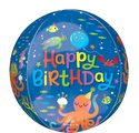 El globo Orbz Cute Octopus Birthday Foil de 16" de Anagram/MD presenta coloridos animales marinos - pulpo con magdalena, tortuga, pez y cangrejo - con "Feliz Cumpleaños" en letras brillantes para una celebración festiva.