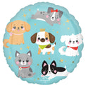 Le ballon de baudruche Anagram/MD 18" Kawaii Puppy représente six adorables chiots de différentes races et couleurs, chacun avec un air enjoué ou joyeux, entourés d'étoiles dorées sur un design rond bleu.