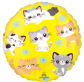 The 18" Kawaii Kitty Foil Balloon by Anagram/MD features cute, colorful cartoon cats in different poses on a round yellow surface with blue flowers, creating a cheerful and playful look.
