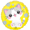 The 18" Kawaii Kitty Foil Balloon by Anagram/MD is round and yellow, featuring a cute gray and white cartoon cat with big eyes, pink cheeks and paws, surrounded by blue and purple flowers.