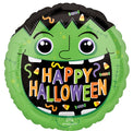Le ballon de 18 pouces d'Anagram/MD représente un visage de monstre vert avec "Joyeux Halloween" en lettres colorées, ainsi que des décorations de bonbons et de confettis sur un fond noir à l'intérieur de la bouche.