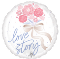 The 18" Tying the Knot Foil Balloon by Anagram/MD features a round design with pink and red flowers, a beige ribbon, pastel dots, and "love story" in blue cursive beneath the bouquet.