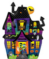 Celebre Halloween con el globo SuperShape Haunted Manor Foil de 27" de Anagram/MD, con una colorida casa encantada de dibujos animados, calabazas, murciélagos, gato negro, serpiente, calaveras, fantasmas y tres simpáticos monstruos sonrientes bajo un cielo nocturno.